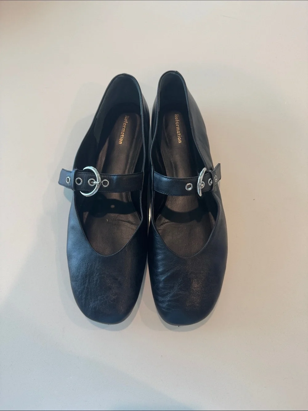 Reformation Black Mary Jane Flats with Silver Buckle